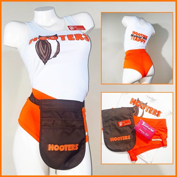 HOOTERS GIRL PRE-LOVED WHITE UNIFORM - TOP, SHORTS, PANTYHOSE, POUCH, & NAME TAG - Picture 1 of 12